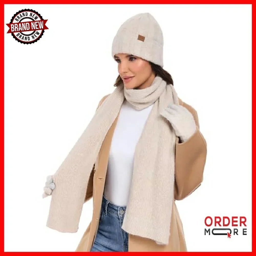 Premium Winter Beanie Scarf Gloves Set Touchscreen Warm Unisex